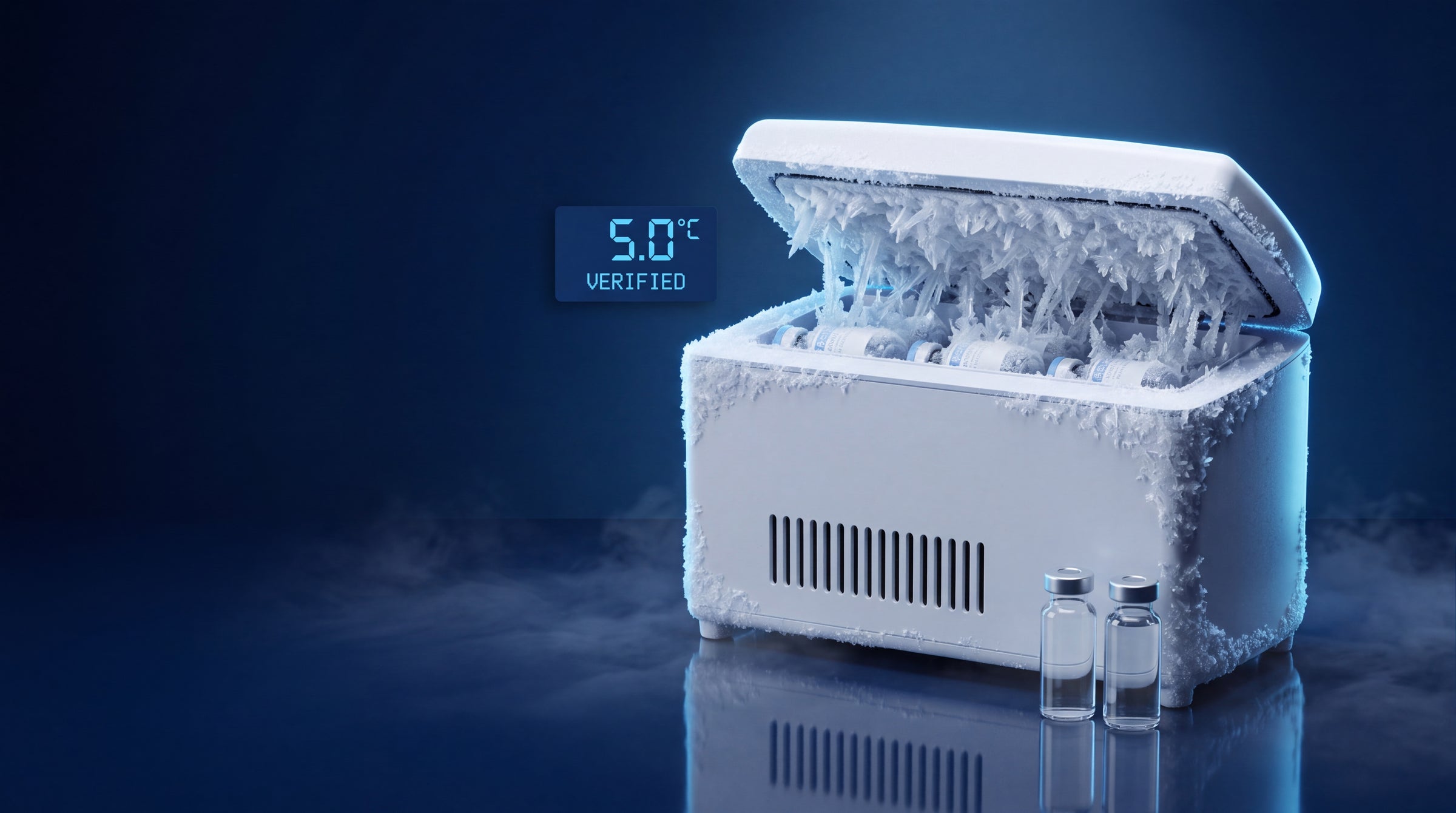 MedVault cooler, lid open, frost on the chamber, display reading 5.0°C