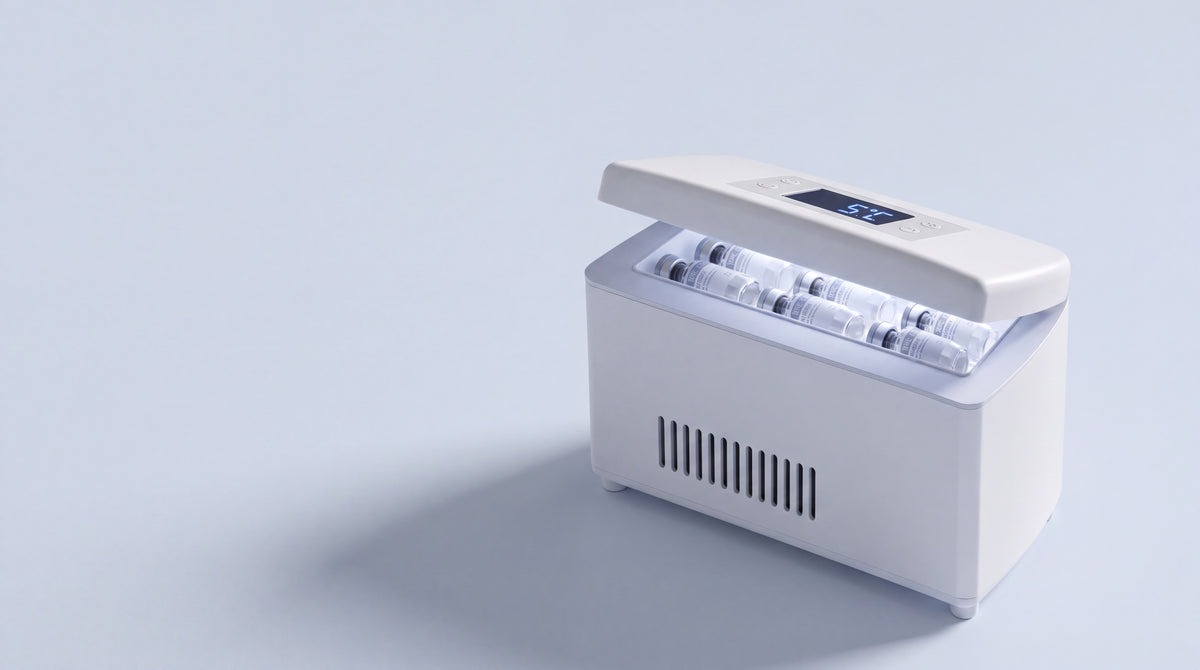 MedVault cooler, lid open, frost on the chamber, display reading 5.0°C